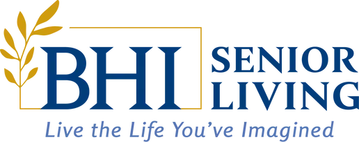 Logo for BHI Senior Living with blue text, a yellow framed motif and leaf accent, plus a small tagline beneath.