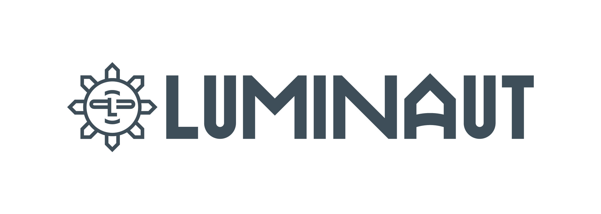Logo for LUMINNAUT: dark blue sun/gear emblem to the left of the wordmark LUMINNAUT, with a circular center containing a stylized face.